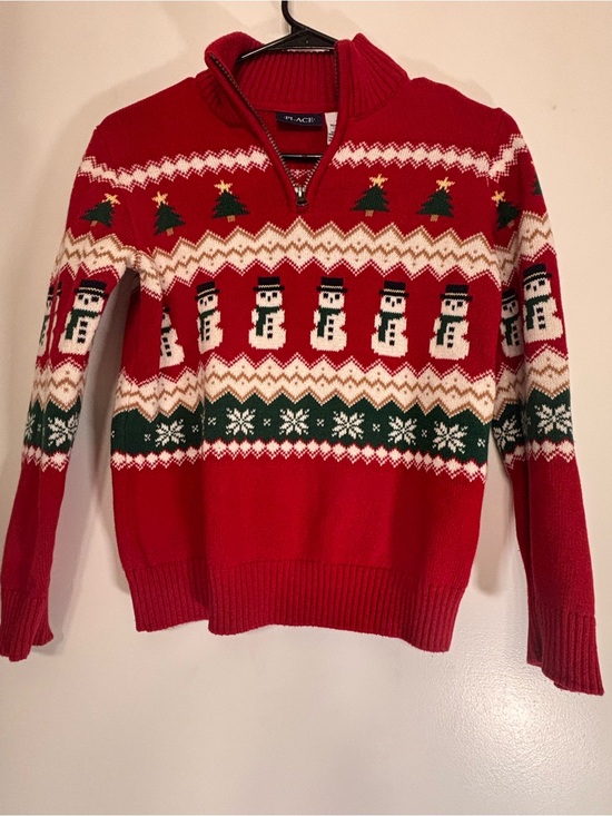 The Children's Place Other - The Children's Place Red Snowman & Tree Half-Zip Holiday Sweater